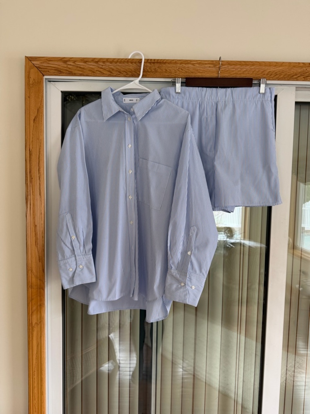 Mango Light Blue Pinstripe Button-Down Shirt + Coordinating Shorts Set